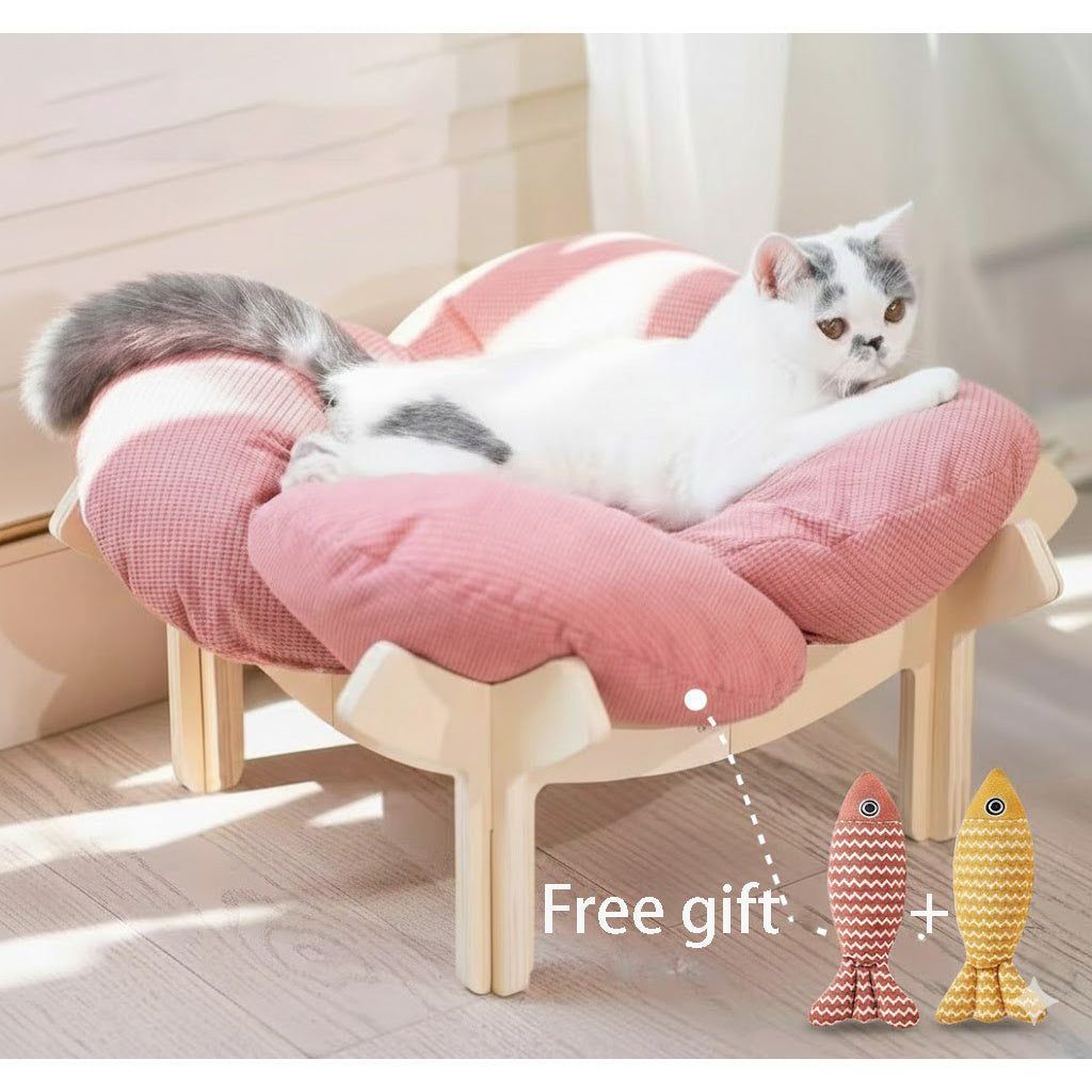 Elevated Wooden Cat Bed with Soft Cushion Raised Pet Lounge Chair Sofa – Modern Solid Wood Cat Hammock for Indoor Cats and Small Dogs with Linen Fish Toy