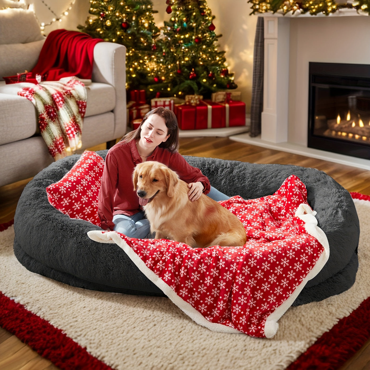 Human Dog Bed 70x44x11 Inch Giant Faux Fur Orthopedic Bed for People & Pets - Washable Non-Slip Extra Large Dog Bed for Adults, Napping, Lounging, All Breeds