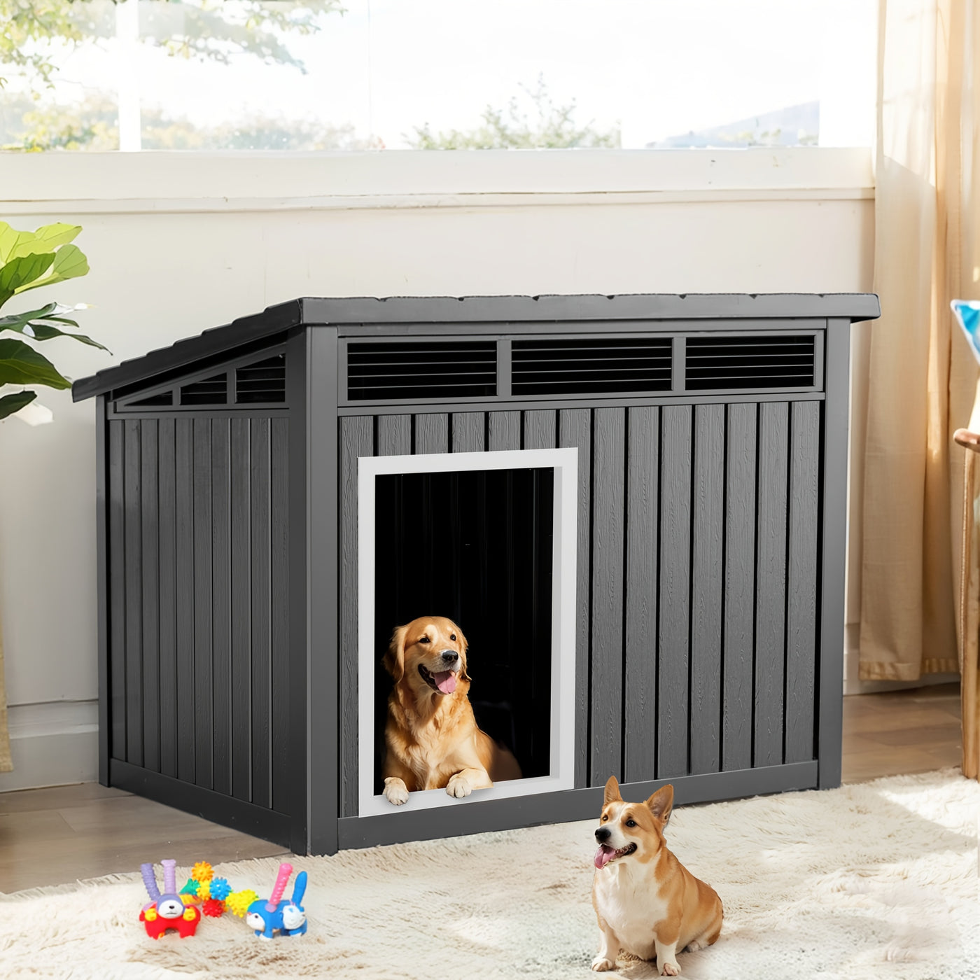 XXXL Outdoor Dog House for Large Dogs – All-Weather Resin Kennel with Gas-Lift Ventilated Canopy, UV-Proof & StormProof Design, Easy Assembly Shelter for Multi-Pet Households
