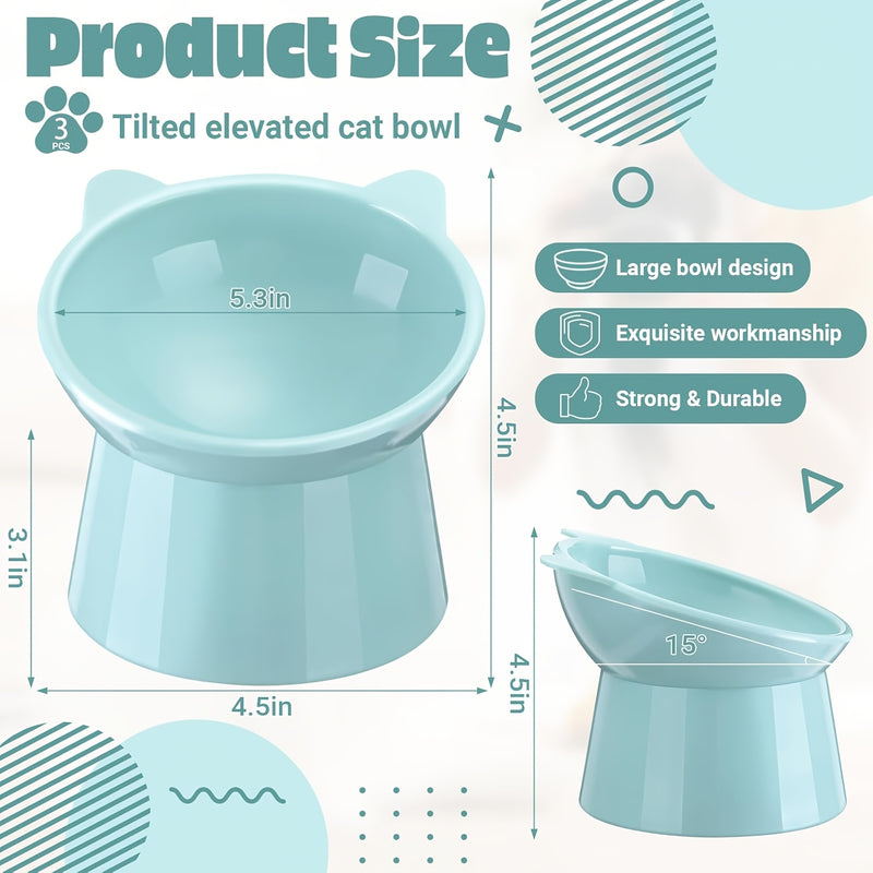 Raised Cat Bowls Set of 3 Cat Ear Shaped – Tri-Color Elevated Anti-Slip Feeder Dish for Multi-Cat Households, Neck Comfort Design (Pink/Green/Blue)