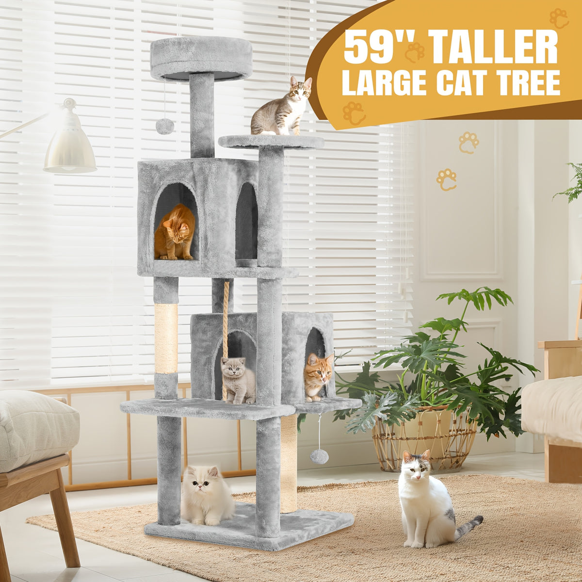 59-Inch Large Cat Tree Tower for Indoor Cats - Multi-Level Plush Perches, Sisal Scratching Posts & Hanging Ball Toy, Tall Cat Tower for Bedroom Living Room