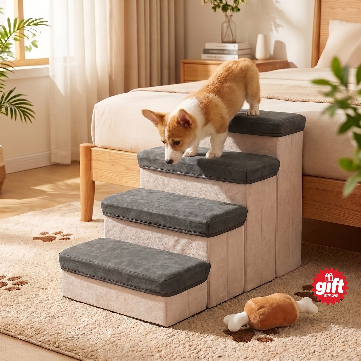 3-Tier Foldable Dog Stairs with Non-Slip Surface – Pet Steps for High Beds & Sofas, Small & Extra-Small Dogs, Nylon Ramp with Plush Chicken Toy, Coffee & Gray