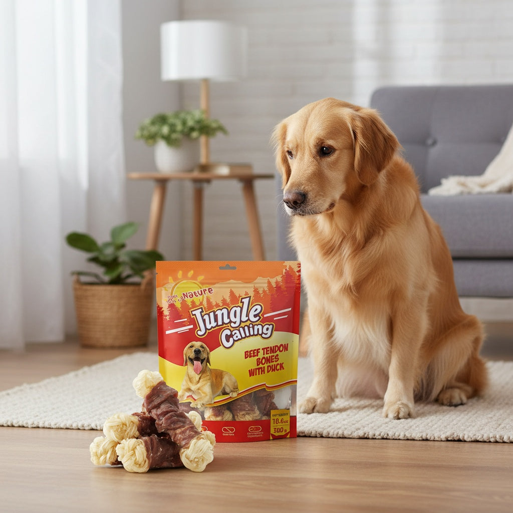 Beef Tendon Dog Chews Duck Wrapped Long Lasting Knotted Bones High-Protein Natural Dog Treat with Glucosamine for Hip & Joint Support