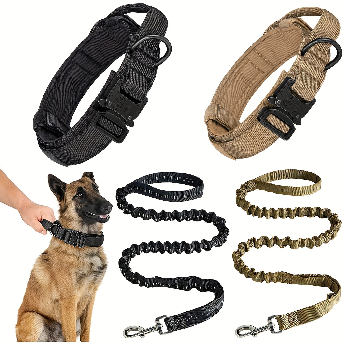 Tactical Dog Collar & Leash Set Heavy Duty - Adjustable Durable Polyester Metal Buckle D-Ring for All Dog Sizes M L XL, Training Walking Collar Leash, Black & Khaki