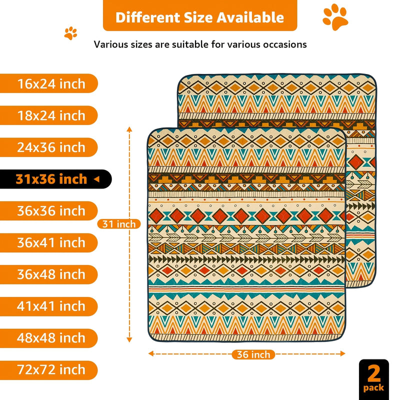 2-Pack Washable Dog Pee Pads Super Absorbent Reusable Puppy Training Pads Leakproof Non-Slip Whelping Pads with Retro Tribal Design – Sizes 18x24 to 36x41 Inch