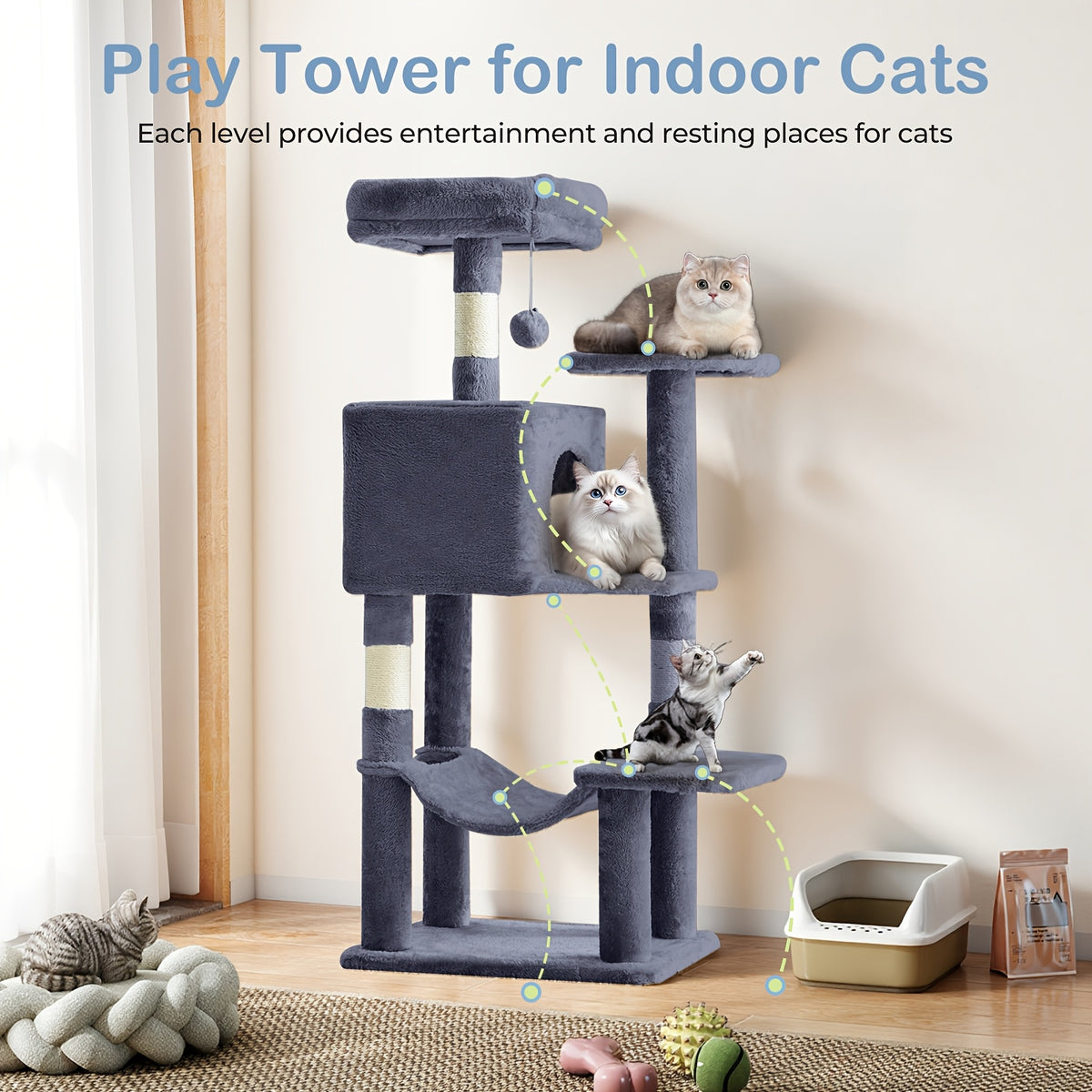 44 Inch Cat Tree Tower with Condo Hammock & Sisal Scratching Posts - Multi-Level Cat Tower for Indoor Cats with Perches & Pet House