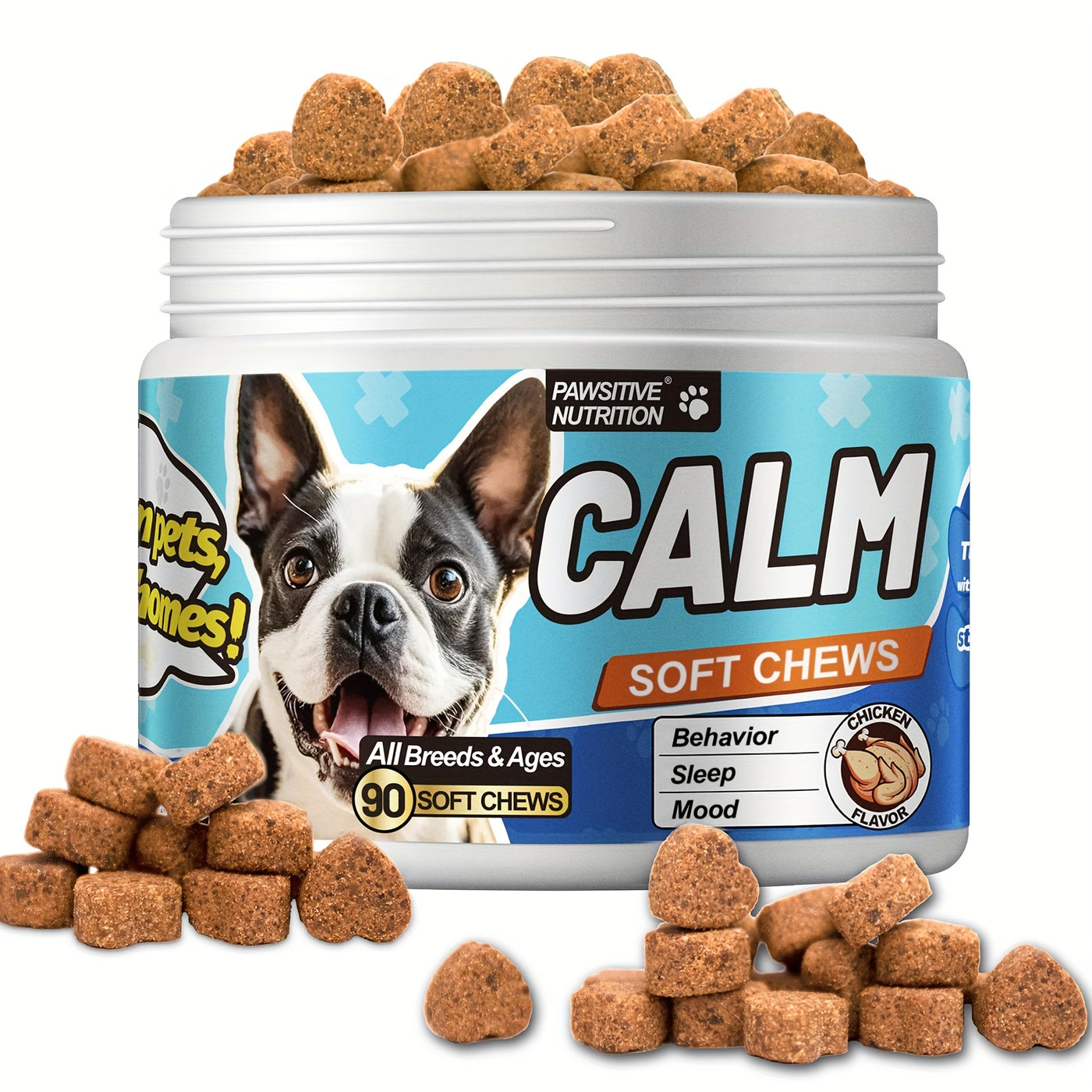 Dog Calming Chews 90ct Chicken Flavor – Natural Herbal Supplement for Anxiety Thunder Fireworks and Barking Relief