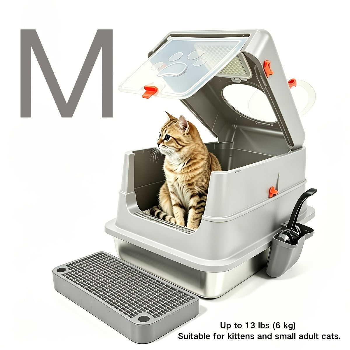 Stainless Steel Cat Litter Box XL Enclosed Odor-Proof with Scoop Step Pedal & Carbon Deodorizer for Large Cats
