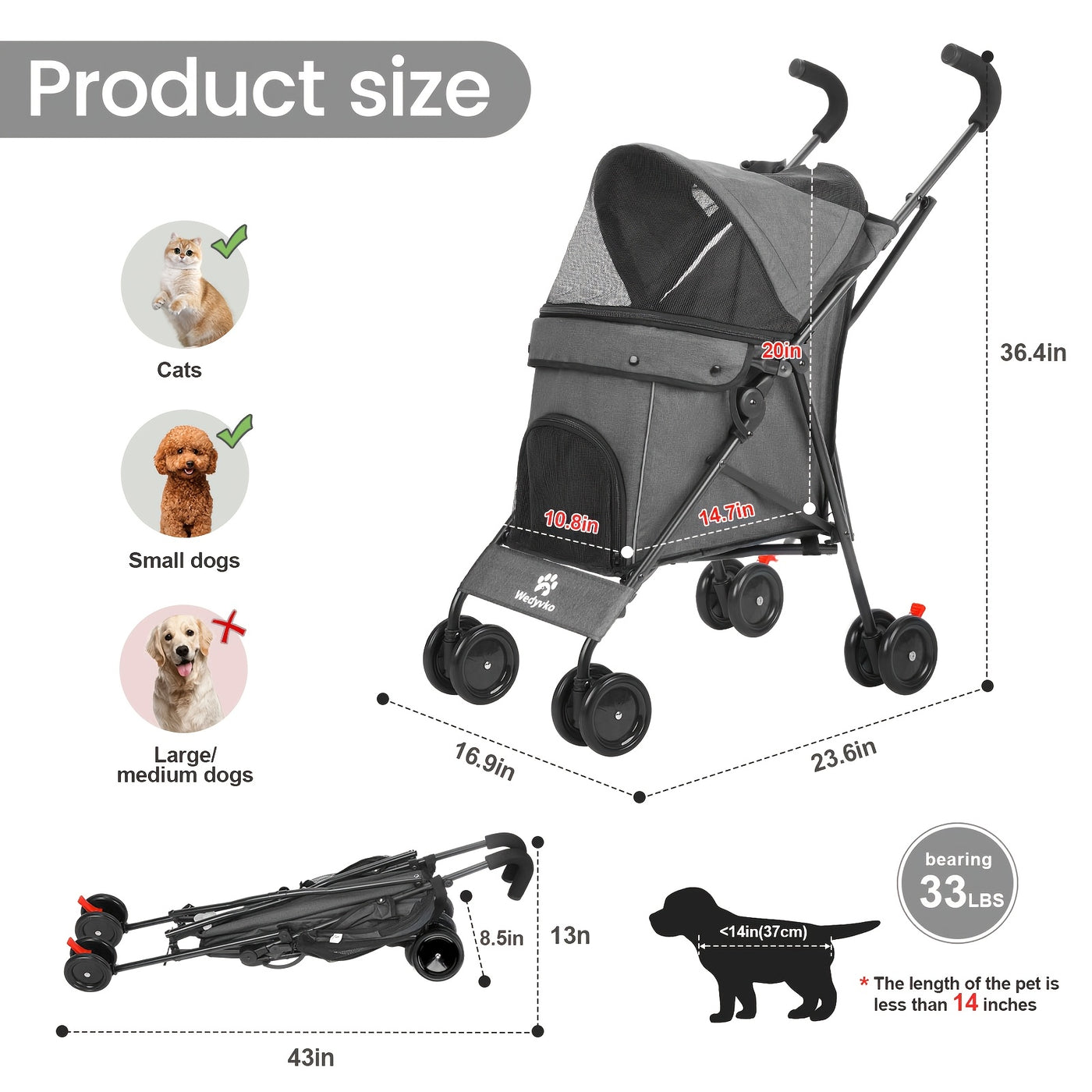 Travel Portable Pet Stroller Up to 33 Lbs – Foldable Dog & Cat Stroller for Small Puppies, Outdoor Walks & Trips | Black, Dark Green, Teal Blue, Light Pink