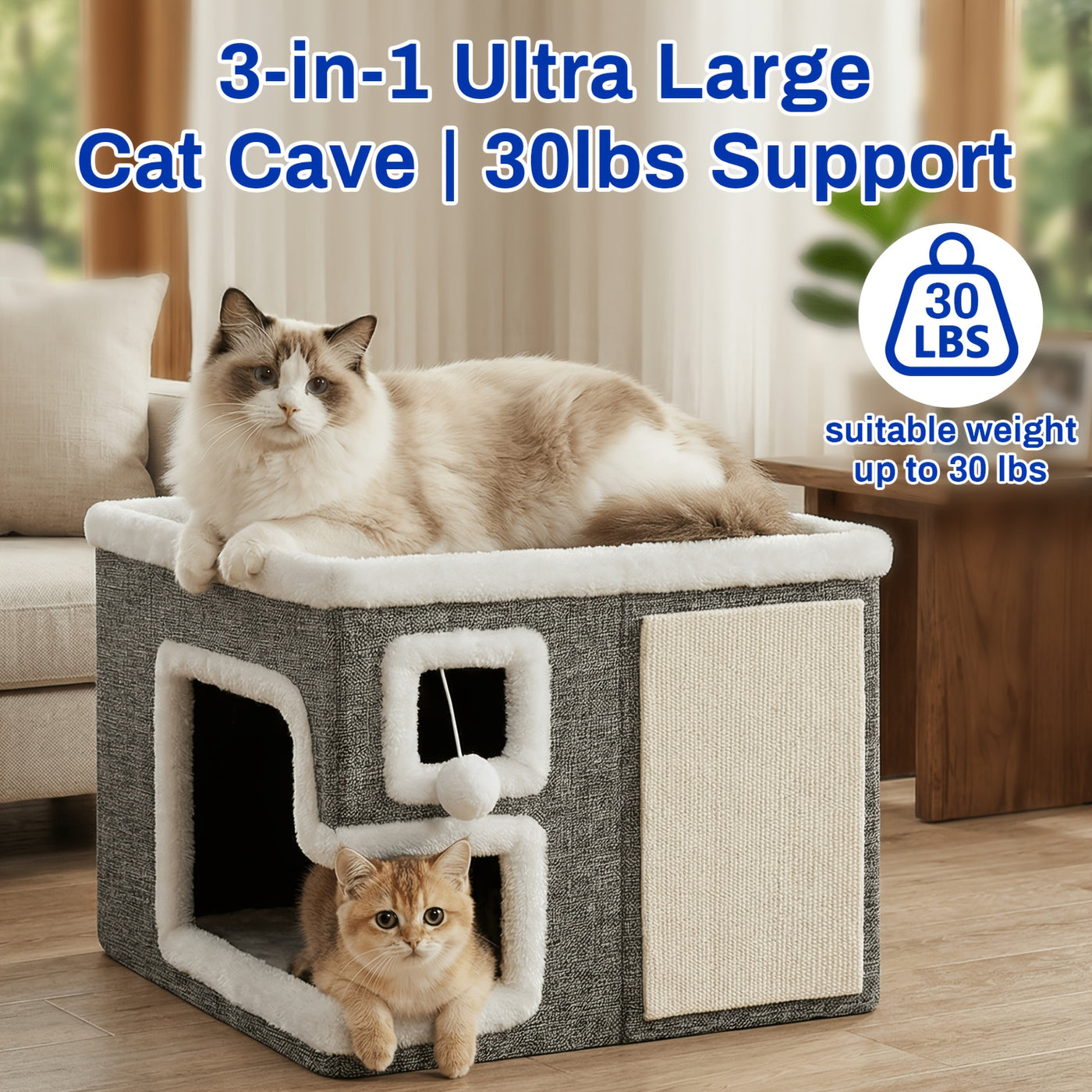 Indoor Cat House Condo 3-in-1 – Cat Bed Sleep Play & Scratch Box, Luxury Wooden Cube Ottoman Cat Cave Hideaway for Large Cats, Multi-Cat Friendly, Light Gray (Regular & Large)