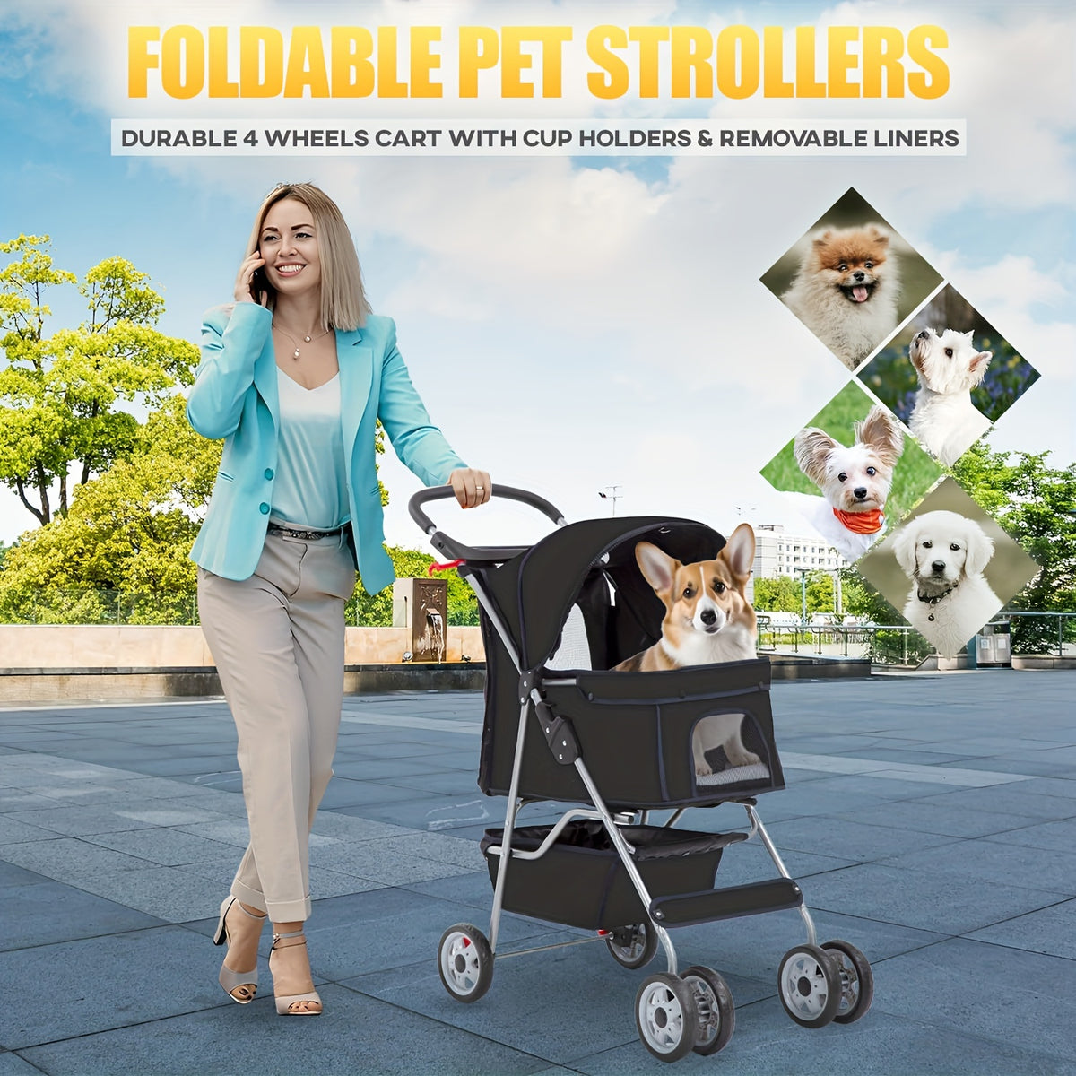 4-Wheel Pet Stroller for Cats & Dogs – Portable Breathable Stroller with Storage Basket & Cup Holder for Outdoor Walks | Black, Blue, Pink, Purple, Red