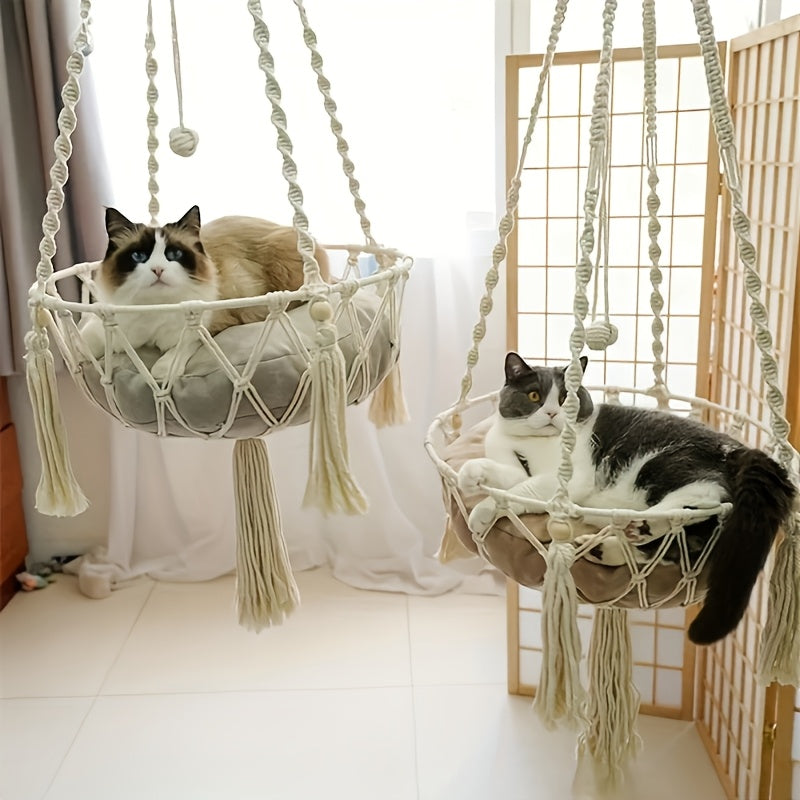 Extra Large Hand-Woven Rope Cat Hammock Swing Bed Indoor Cat Nest Basket for Two Cats - Super Load-Bearing Durable Hanging Cat Bed 15.75in & 11.81in Diameter