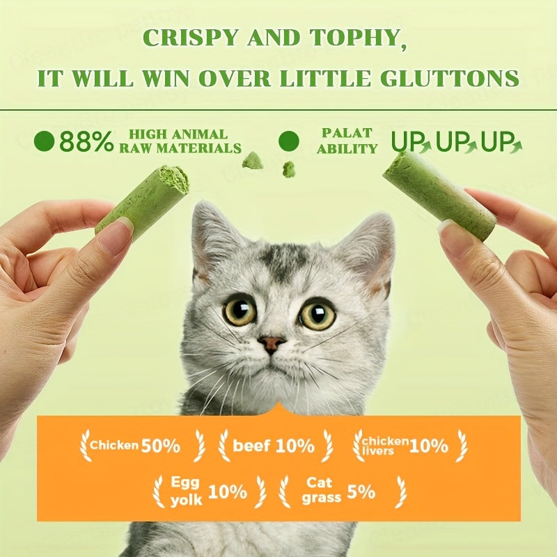 Cat Grass Sticks for Hairball Control – Freeze-Dried Catnip Treats with Instant Granules & Hair Cream Tablets for Indoor Cats | 15pcs / 3x5pcs Pack