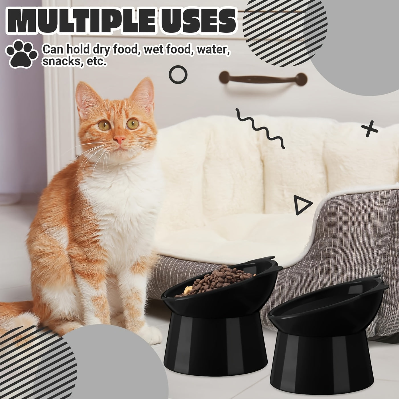 Cat Ear Shaped Raised Cat Bowls Set of 2 – Elevated Anti-Slip Anti-Vomiting Feeding Dish for Cats & Small Dogs, Neck Comfort Design