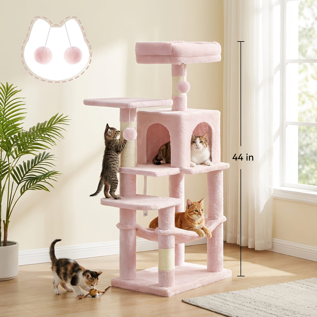 Multi-Level Cat Tree Tower with Cave & Plush Hammock - 44/66/79in Tall Cat Condo, 4 Sisal Scratching Posts, 2 Perches, Anti-Tilt, Pompom Toys for Multi-Cat Families, 5 Colors