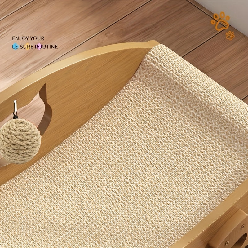 Sisal Cat Scratcher Lounge Chair with Hanging Ball Toy – Solid Wood Curved Cat Bed & Scratching Pad, Furniture Protector for Indoor Cats