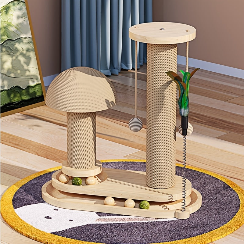 Cat Scratching Post Mushroom Shape – Solid Wood Sisal Scratcher with Wide Stable Base, Claw Maintenance & Climbing for Kittens and Cats, M or L