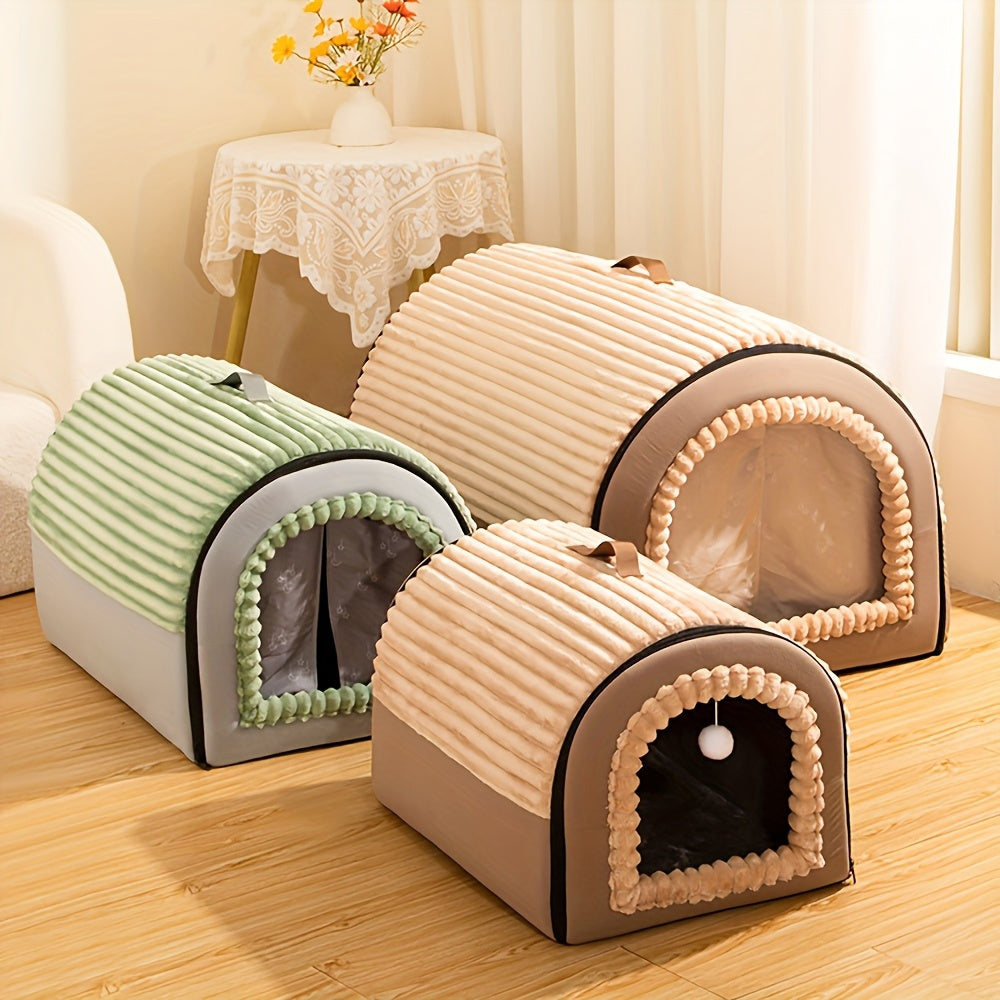 2-in-1 Foldable Indoor Dog House & Pet Tent Cave Bed - Soft Fluffy Washable Cushion Mat with Lid, All-Season Privacy Warm Bed for Small Medium Large Dogs Cats
