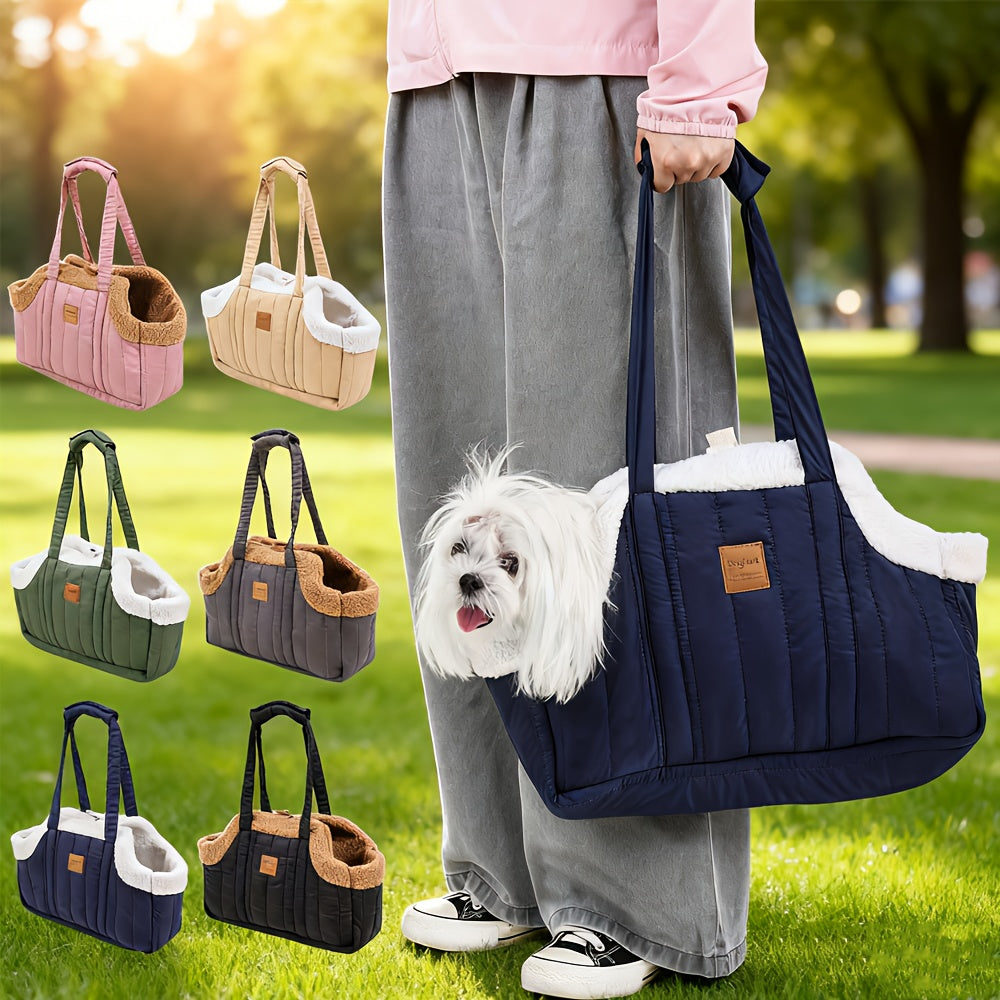 Winter Pet Carrier Handbag Open Top – Cozy Snap Closure Small Dog & Cat Tote Bag for Cold Weather Outdoor Activities, Dark Blue Grey Green Beige