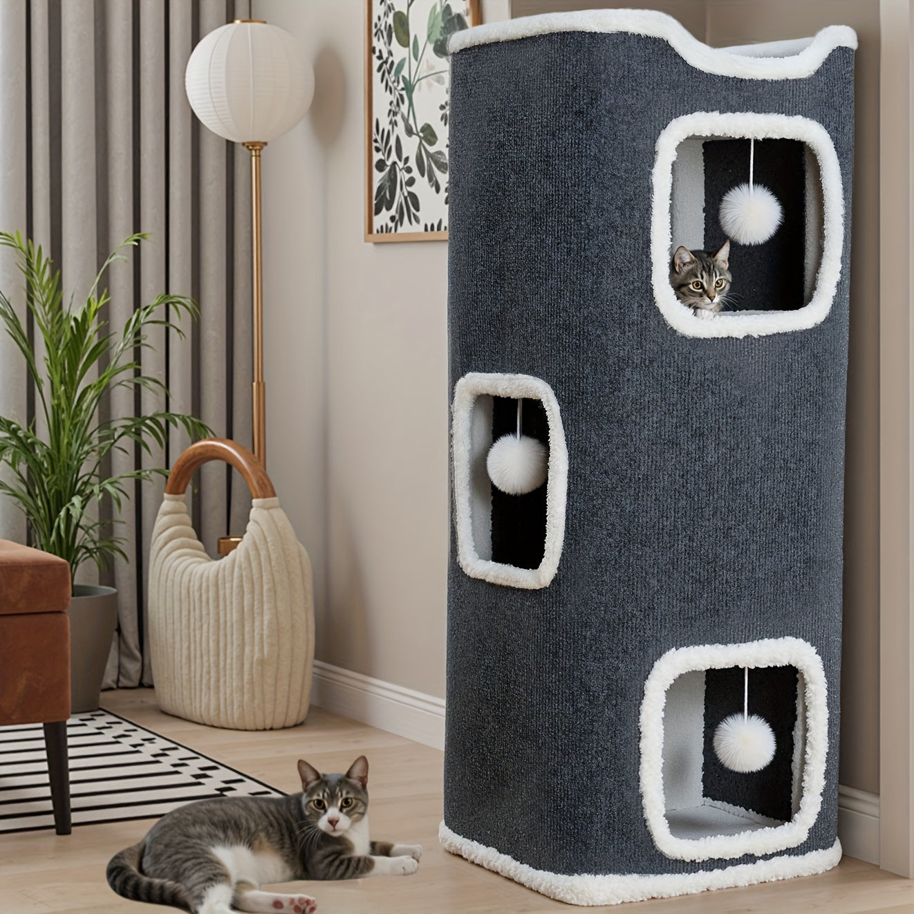 Multi-Level Foldable Cat Tree Tower for Indoor Cats – Cat Condo with Hanging Toy Balls, Cozy Top Bed & Scratch-Resistant Felt, 1/3/4 Tier