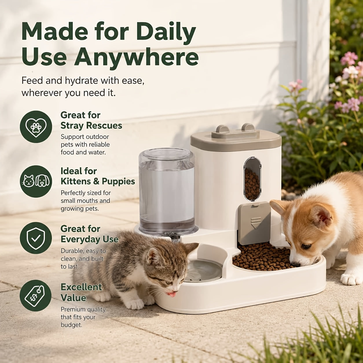 2-in-1 Automatic Pet Feeder for Cats & Dogs – Non-Electric Space-Saving Gravity Bowl, Easy Clean, Multi-Pet Family Dual Feeding Station