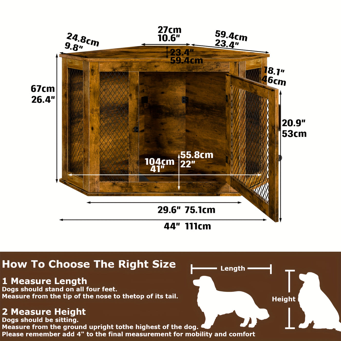Wooden Dog Crate Furniture End Table with Mesh Door – Indoor Pet Kennel Side Table for Small Medium Dogs, 2 Sizes Brown Grey White