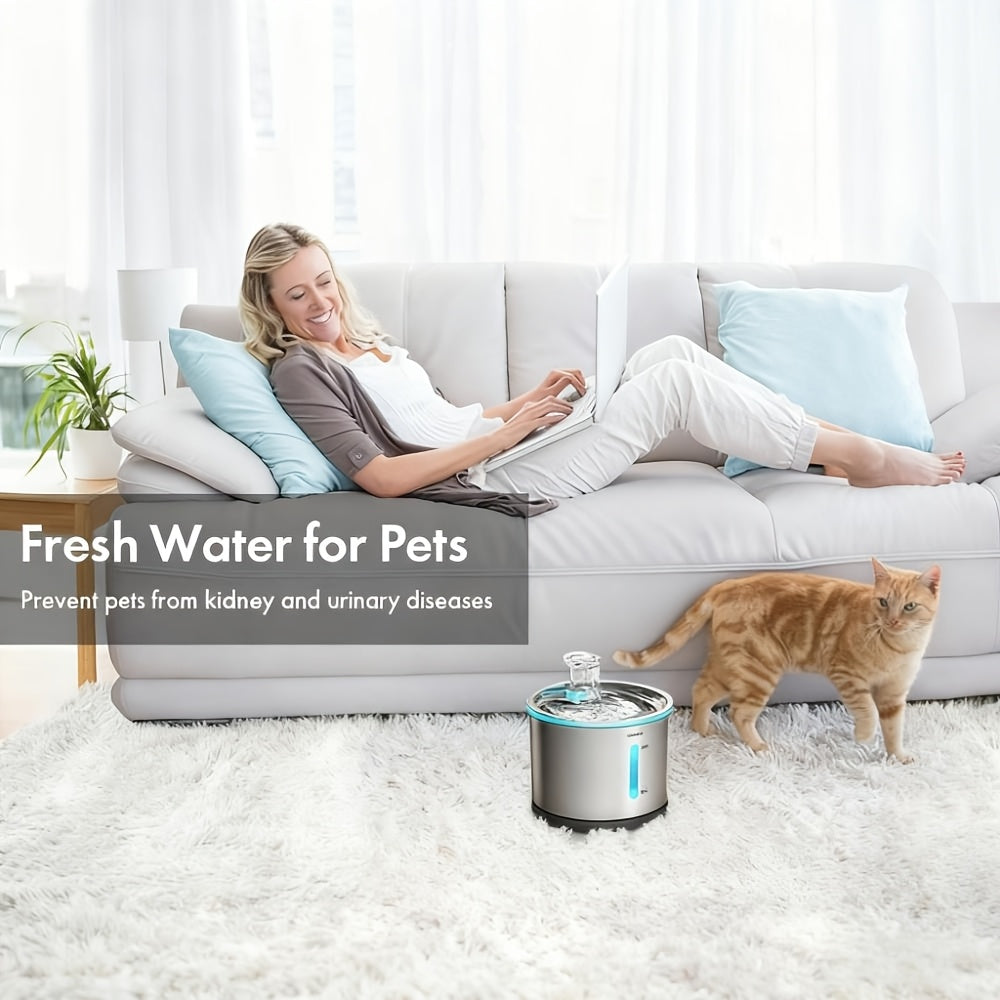 Stainless Steel Cat Water Fountain 50oz/1.5L with Filter - Ultra Quiet Auto Pet Water Dispenser, Dishwasher Safe, LED Visible Window for Cats & Dogs Indoor