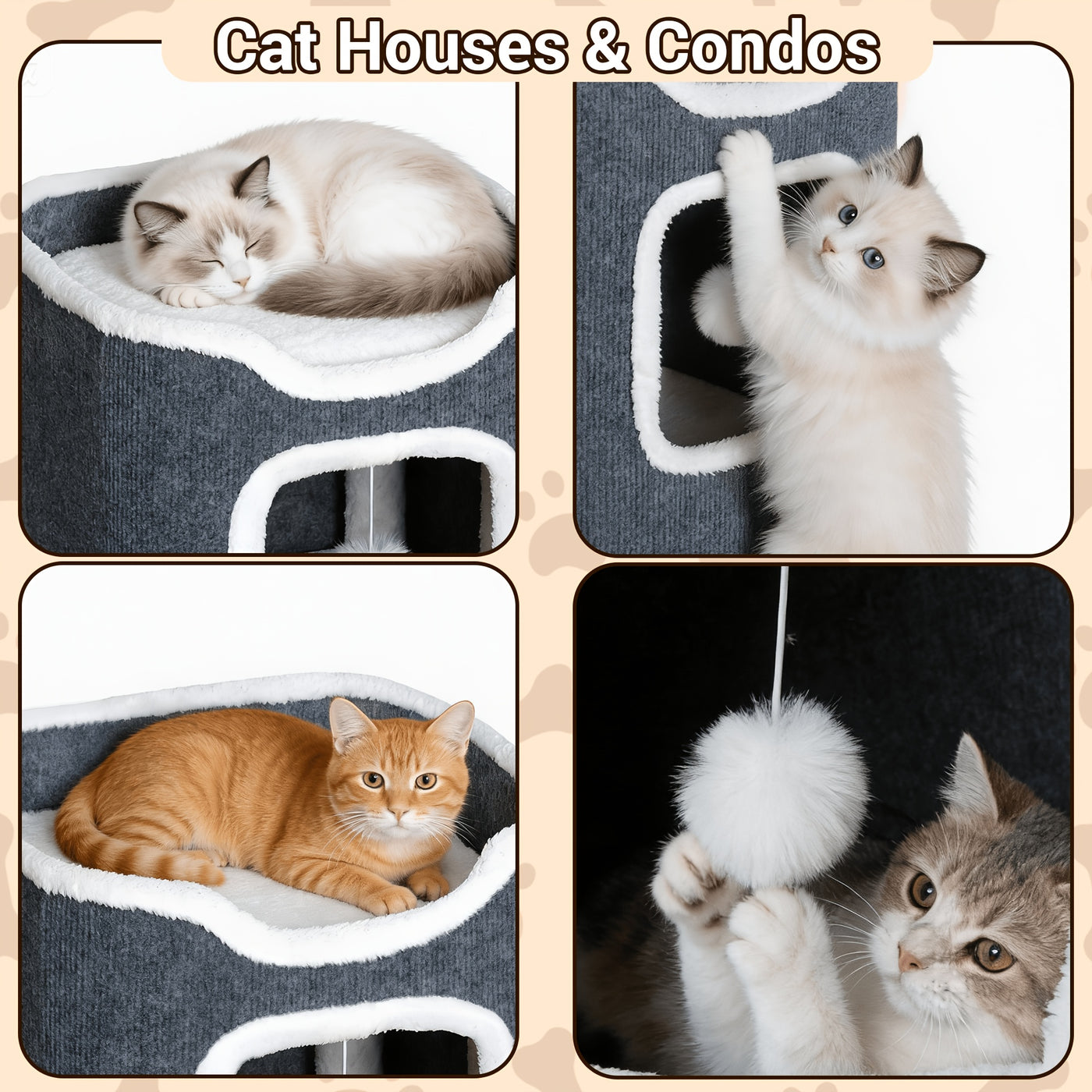 Multi-Level Foldable Cat Tree Tower for Indoor Cats – Cat Condo with Hanging Toy Balls, Cozy Top Bed & Scratch-Resistant Felt, 1/3/4 Tier