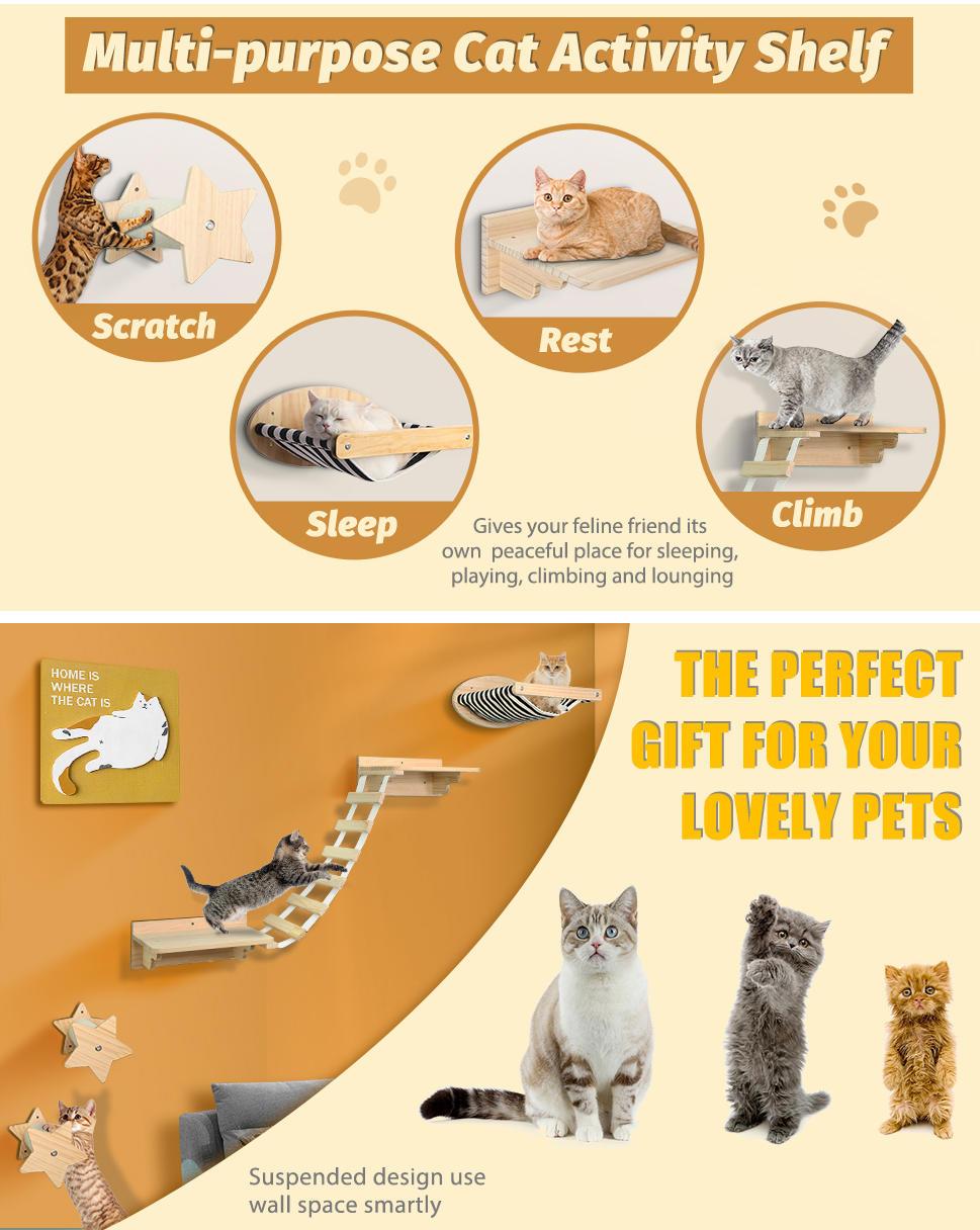 Cat Wall Hammock Climbing Shelves with 2 Steps Wall Mounted Cat Perch Bed for Indoor Large Cats – Wood Color Cat Furniture for Climbing Sleeping and Playing