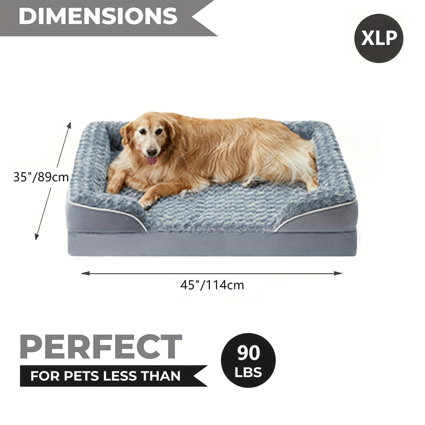 Orthopedic C-Shape Dog Sofa Bed for Extra Large Dogs – 3.5" Bolster, Plush Washable Removable Cover & Nonslip Bottom, Gray