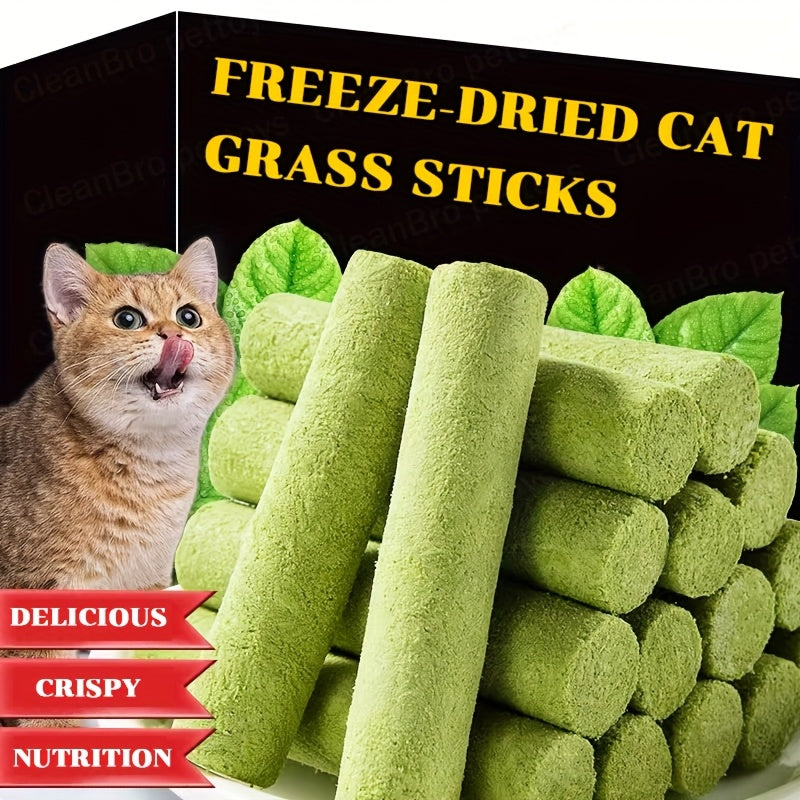 Cat Grass Sticks for Hairball Control – Freeze-Dried Catnip Treats with Instant Granules & Hair Cream Tablets for Indoor Cats | 15pcs / 3x5pcs Pack