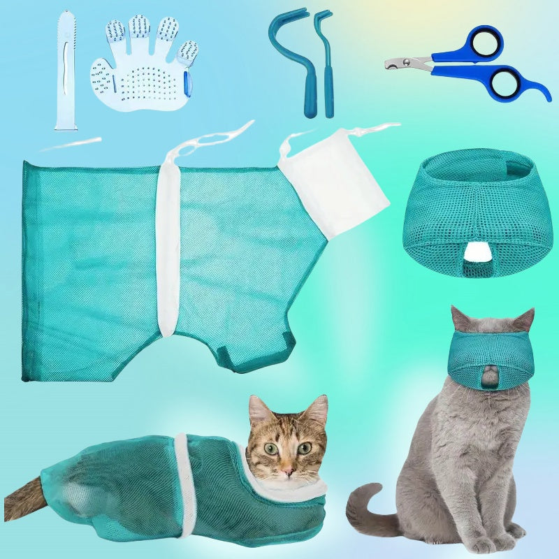 Cat Grooming Kit 5-Piece Set – Bathing Bag, Anti-Bite Muzzle, Nail Clippers, Tick Remover & Massage Brush, Complete Home Grooming Supplies for Safe Gentle Cat Care