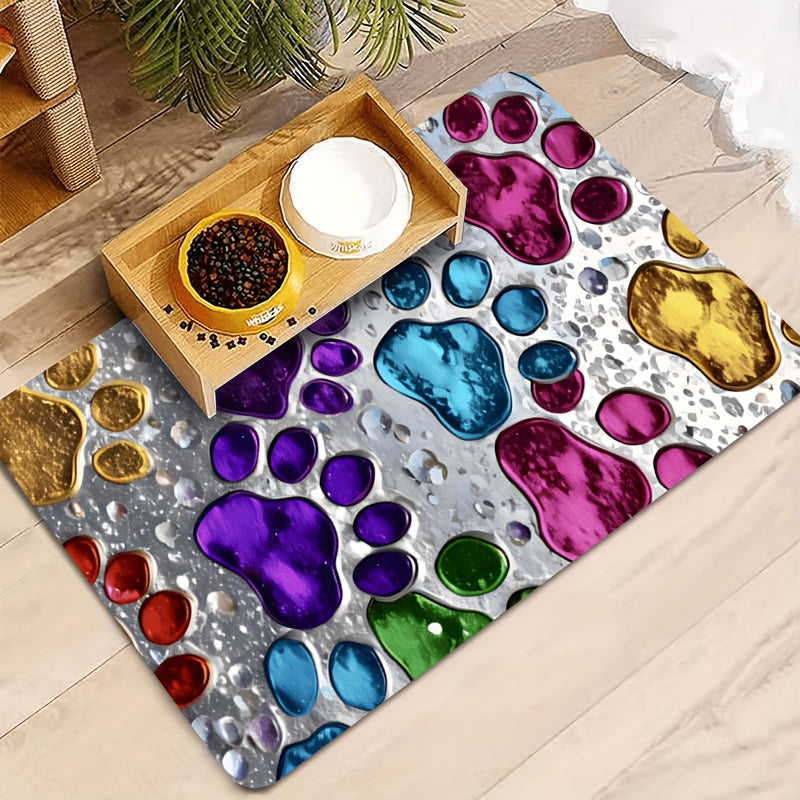 Pet Feeding Mat Absorbent Splash-Proof Non-Slip – Quick-Dry Heavy-Duty Floor Protector for Dogs & Cats, Colorful Paw Pattern, S/M/L/XL