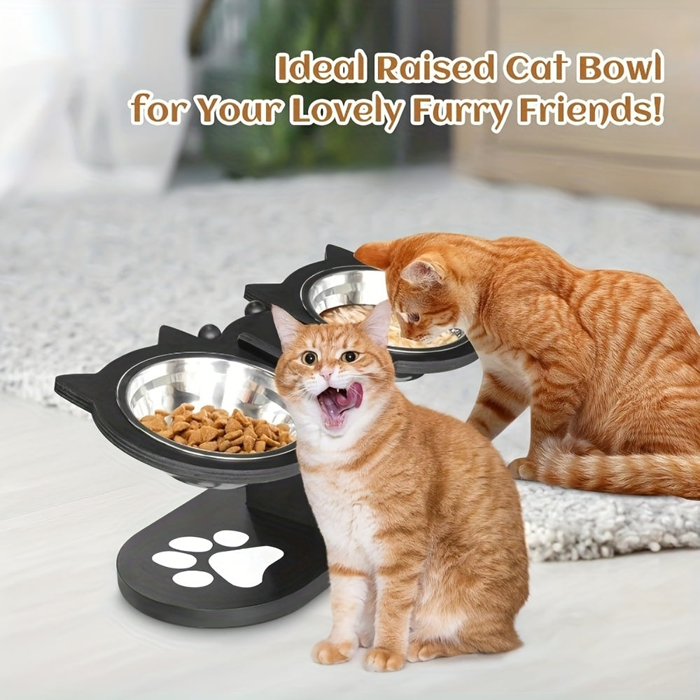Elevated Cat Bowls 15° Tilted Stainless Steel – Raised Bowl Stand Feeder with Anti-Spill Wooden Base, Set of 2 or 3, for Cats & Small Dogs