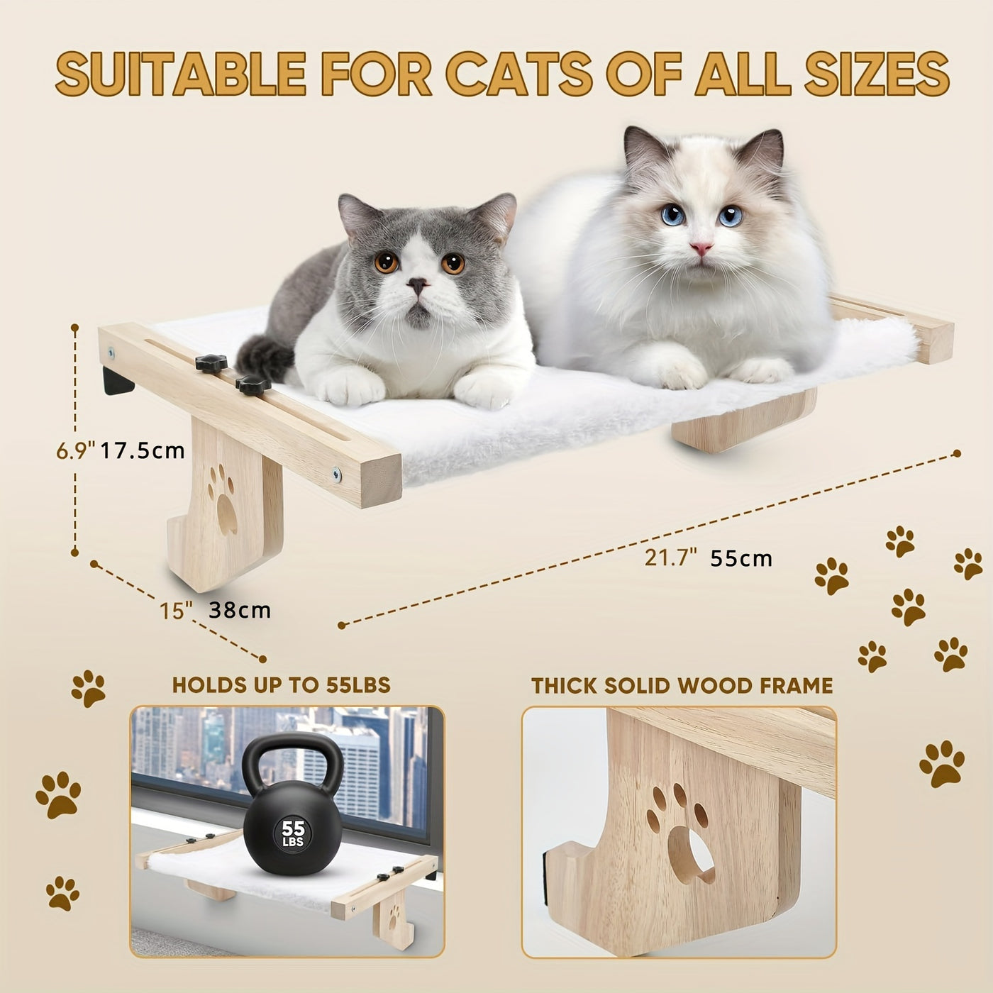 Cat Window Perch Hammock for Indoor Cats – Wood & Metal Frame for Large Cats, Adjustable Mount for Windowsill Bedside Drawer & Cabinet, Cozy Cat Shelf Seat