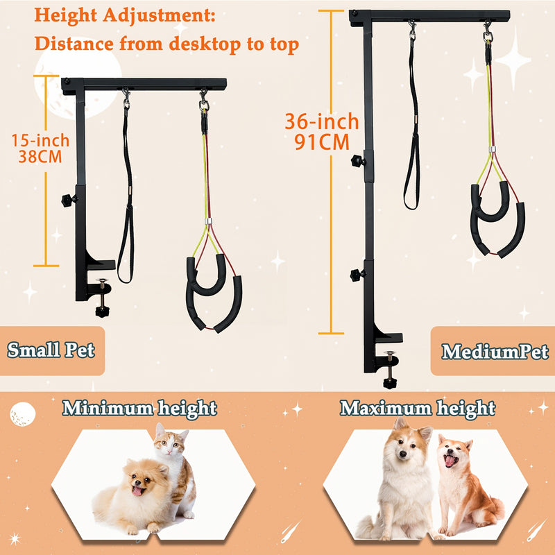36" Adjustable Dog Grooming Arm with Clamp – No-Sit Haunch Holder, 3-Section Iron Grooming Restraint for Small & Medium Dogs and Cats, Includes Positioning Ropes