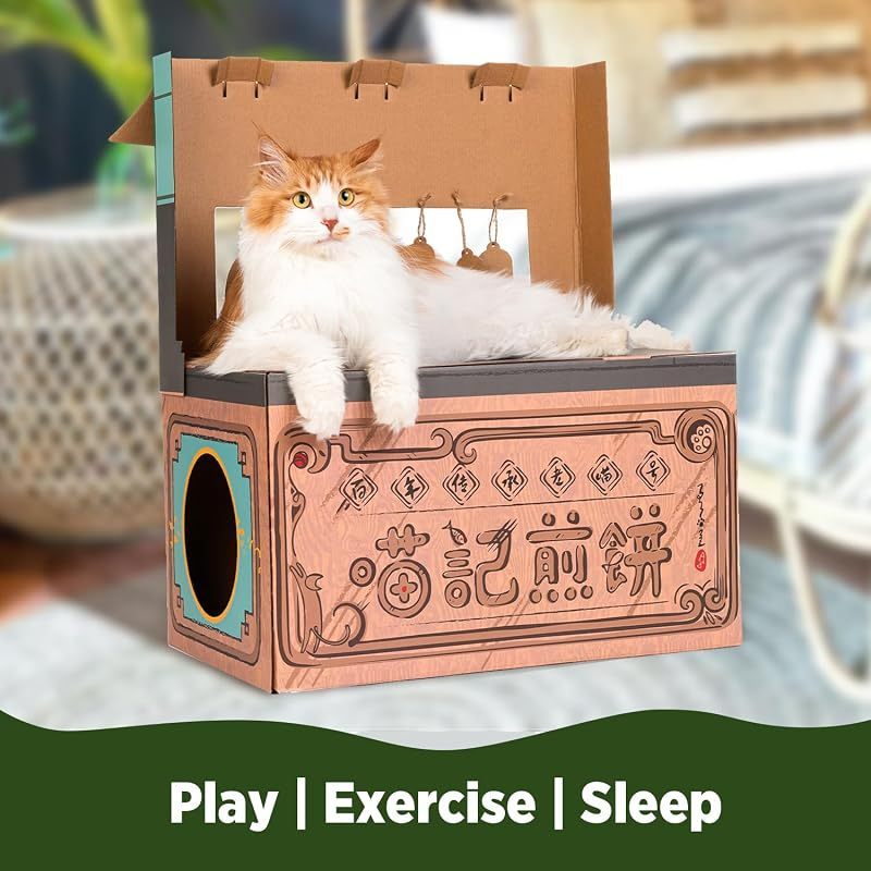 Cardboard Cat House with Scratchers – Pancake Shop Design Large Sturdy Cat Furniture Condo Cave Tent, Easy to Assemble for Indoor Cats & Small Animals