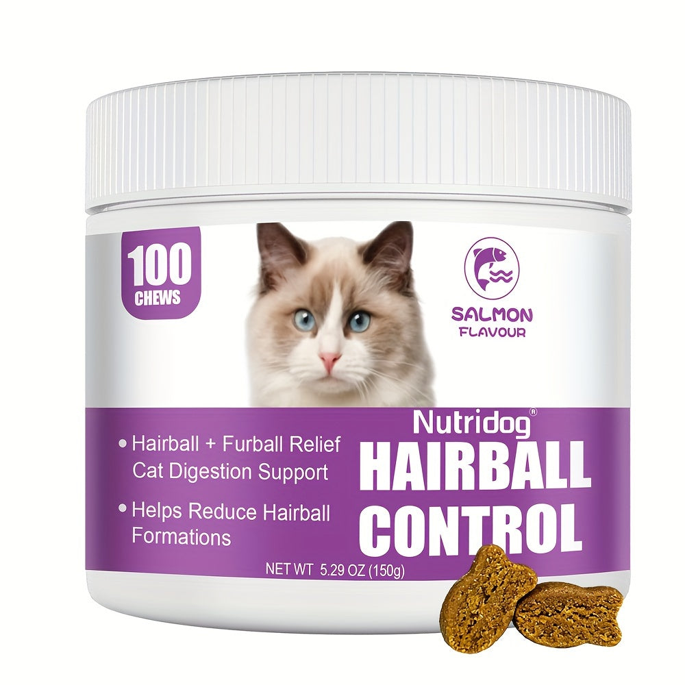 Cat Hairball Control Soft Chews 100ct – Digestive Support Supplement for Cats, Salmon Flavor, Herbal Formula