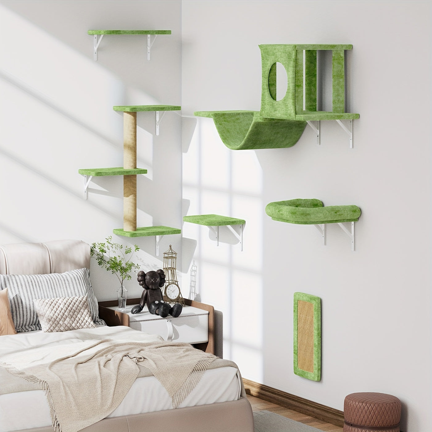 Wall Mounted Cat Climbing Shelf Set – 6 or 7 Piece Cat Wall Furniture with Scratching Post, Bridge, Ladder & Tunnel, Indoor Cat Condo for Cats of All Sizes