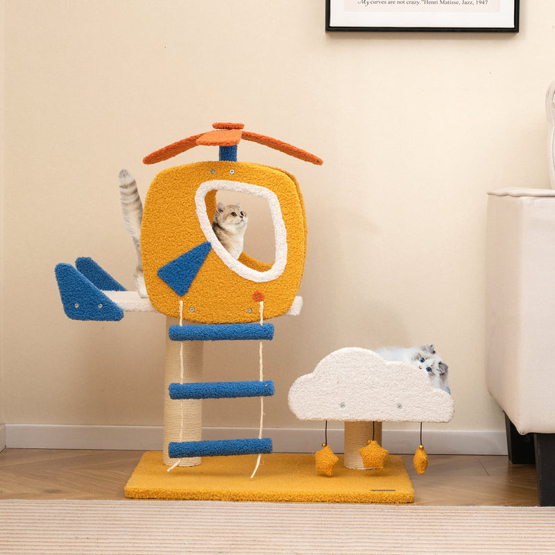 Aviation Cat Tree for Indoor Cats – Small Cat Tower with Helicopter Perch, Scratching Post, Climbing Ladder & 3 Hanging Toys, 30" Kitty Activity Center, Blue White Yellow