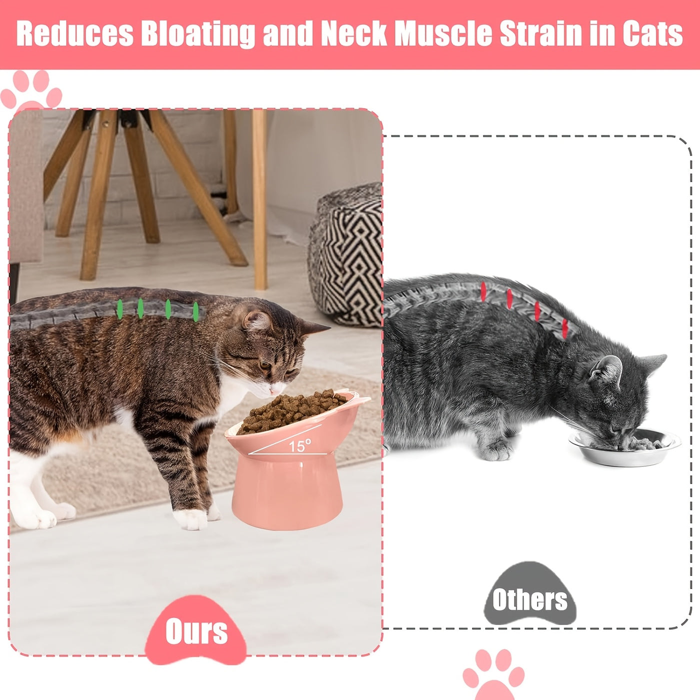 Raised Cat Bowls Set of 3 Cat Ear Shaped – Tri-Color Elevated Anti-Slip Feeder Dish for Multi-Cat Households, Neck Comfort Design (Pink/Green/Blue)