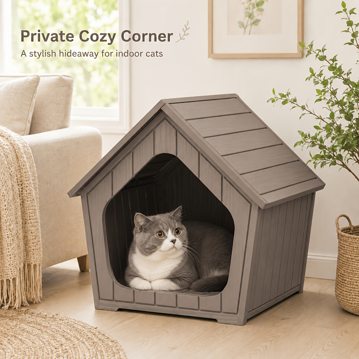 XL Resin Cat House Outdoor & Indoor with Raised Floor Resin Roof Easy Assembly - Weatherproof Cat Play Cage & Small Animal Enclosure 23.43" x 22.64" x 22.8"