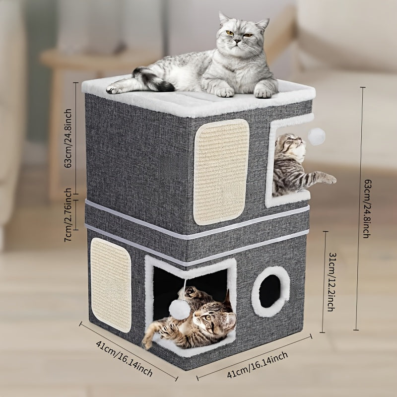 Foldable Cat Cube Bed with 2-Tier Perch, Toy Tunnel & Scratching Post – Space-Saving Indoor Cat House, 16.5x16.5x13 Inches, Plush & Canvas