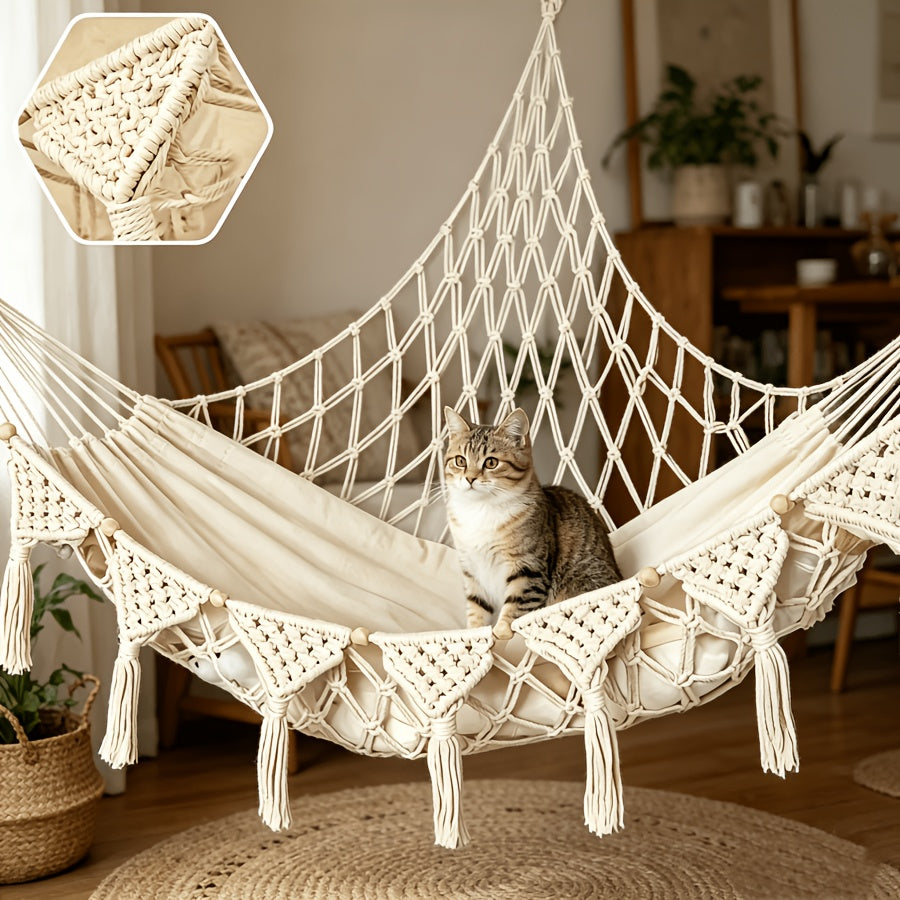 Cat Hammock Wall Mounted Hand-Woven Vinyl - No Assembly Hanging Cat Bed for Wall & Ceiling, All-Season Renter-Friendly Cat Basket Lounger for Kittens & Cats, Beige Pink Black Multicolor