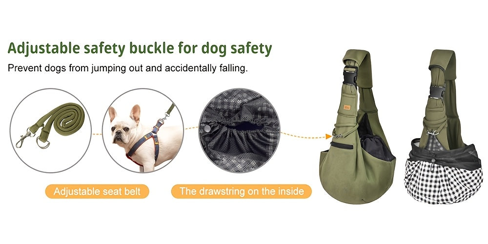 Adjustable Pet Sling Carrier with Padded Hard Bottom – Soft Dog & Cat Shoulder Bag with Drawstring Closure for Comfortable Travel | Khaki, Purple, Army Green, Blue, Grey