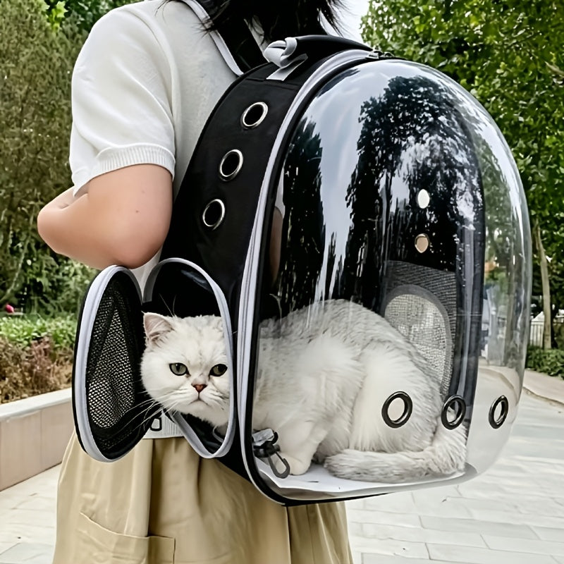 Space Capsule Cat Backpack Hard-Sided Carrier – Double Shoulder Strap Portable Pet Travel Bag with Zipper for Cats & Small Dogs, Black & Transparent