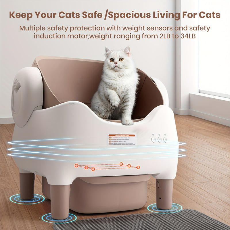 Self-Cleaning Cat Litter Box App Control Open Top Smart Auto Litter Box with Infrared Sensors Dual Deodorization Ultra-Quiet Kitten Safe 10L Waste Bin
