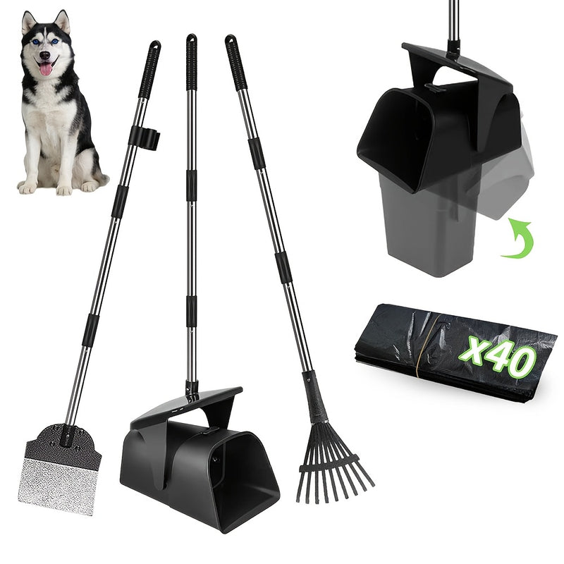 Dog Pooper Scooper Set Heavy Duty – Long Handle with Swivel Bin, Rake & Spade for Grass, Dirt & Gravel, Includes 40 Waste Bags, 2 or 3 Piece Set for Large Dogs