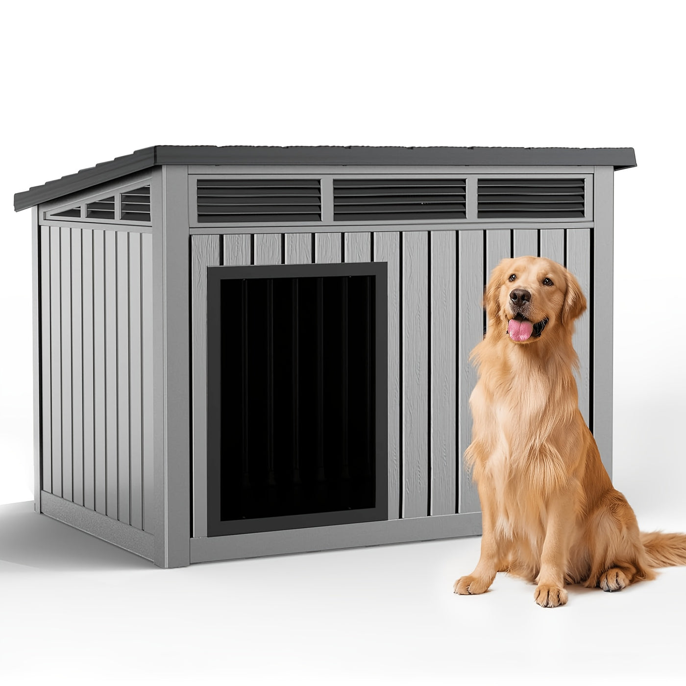 XXXL Outdoor Dog House for Large Dogs – All-Weather Resin Kennel with Gas-Lift Ventilated Canopy, UV-Proof & StormProof Design, Easy Assembly Shelter for Multi-Pet Households