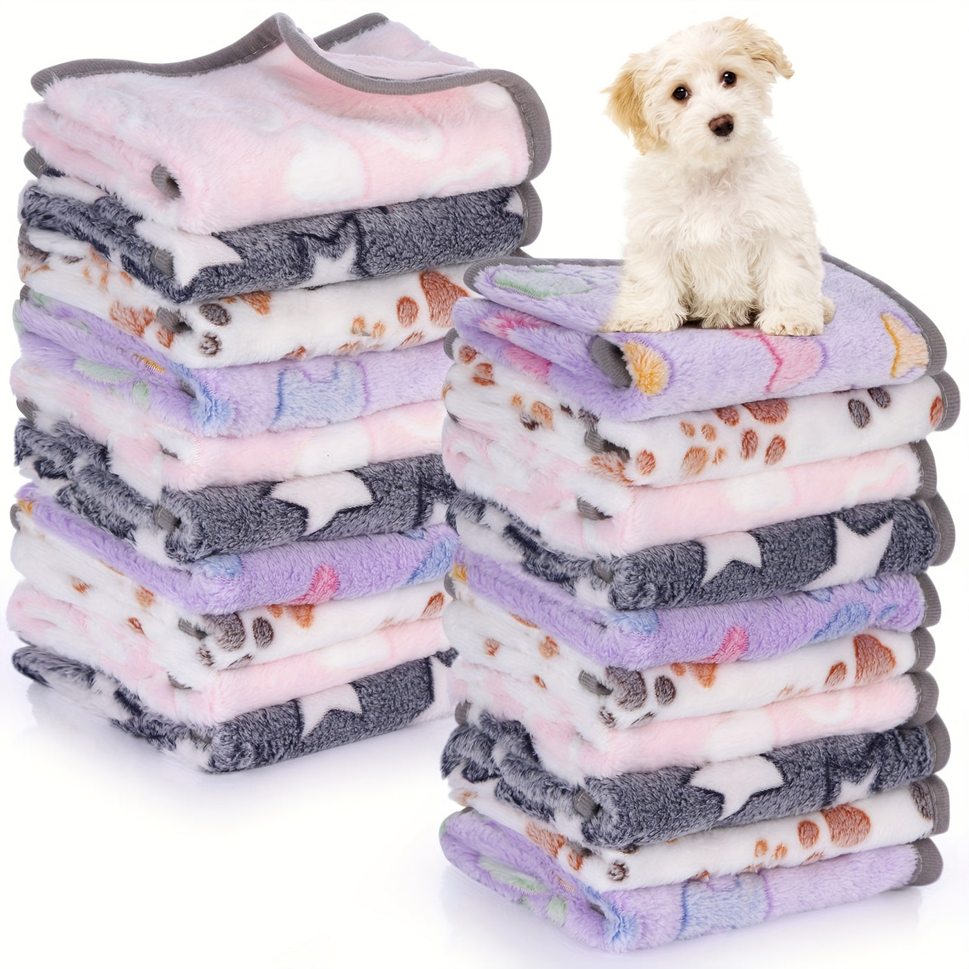 Soft Fleece Pet Blankets 40-Pack Washable Paw Print Throw for Dogs & Cats - Warm Cozy Puppy Kitten Bed Mat 24x16 Inch in 4 Colors for Small Dogs & Cats